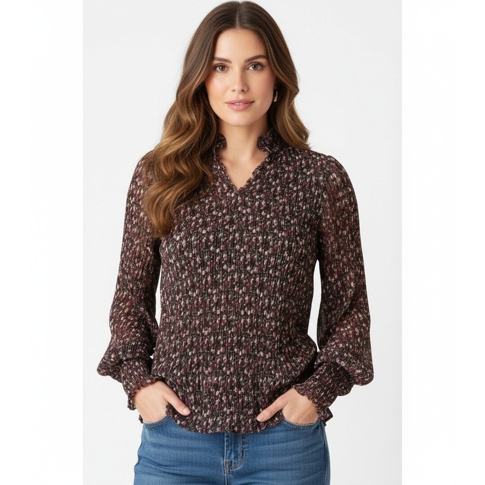 Cabi Top Womens Medium Floral Print Knife Pleat Mock Neck Long Sleeve Blouse